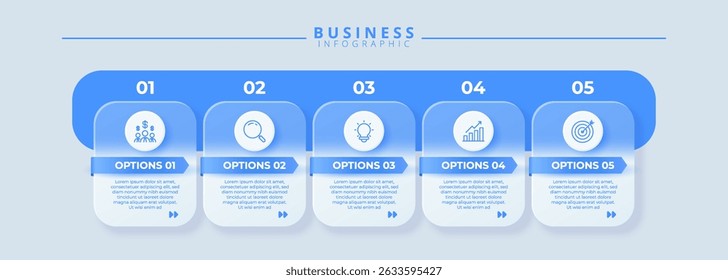 Design template for vector infographic labels with icons and 5 options or steps. Suitable for process diagrams, presentations, workflow layouts, banners, flow charts, and infographics.
