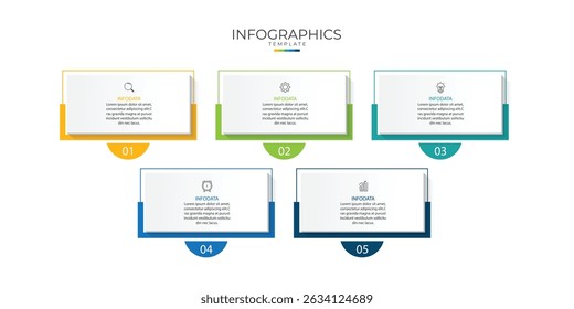Design template for vector infographic labels with icons and 5 options or steps. Suitable for process diagrams, presentations, workflow layouts, banners, flow charts, and infographics.	