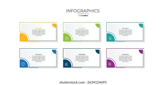 Design template for vector infographic labels with icons and 6 options or steps. Suitable for process diagrams, presentations, workflow layouts, banners, flow charts, and infographics.	