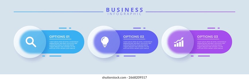 Modelo de design para rótulos de infográfico vetorial com ícones e 3 opções ou etapas. Adequado para diagramas de processo, apresentações, layouts de fluxo de trabalho, banners, fluxogramas e infográficos.