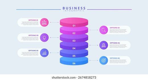 Entwurfsvorlage für Vektorgrafik-Infografik-Etiketten mit Symbolen und 6 Optionen oder Schritten. Geeignet für Prozessdiagramme, Präsentationen, Workflow-Layouts, Banner, Flussdiagramme und Infografiken.