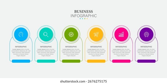 Modelo de design para rótulos de infográfico vetorial com ícones e 6 opções ou etapas. Adequado para diagramas de processo, apresentações, layouts de fluxo de trabalho, banners, fluxogramas e infográficos.
