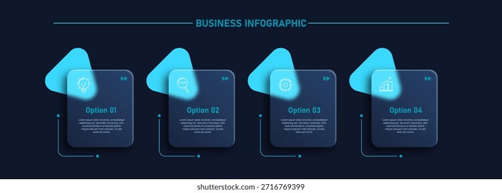 Design template for vector infographic labels with icons and 5 options or steps on dark background. Suitable for process diagrams, presentations, workflow layouts, banners, flow charts, and infographics.