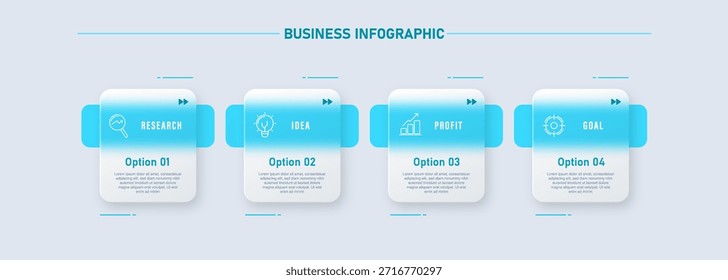 Modelo de design para rótulos de infográfico vetorial com ícones e 4 opções ou etapas. Adequado para diagramas de processo, apresentações, layouts de fluxo de trabalho, banners, fluxogramas e infográficos.