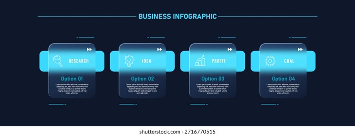 Modelo de design para rótulos de infográfico vetorial com ícones e 5 opções ou etapas em plano de fundo escuro. Adequado para diagramas de processo, apresentações, layouts de fluxo de trabalho, banners, fluxogramas e infográficos.