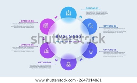 Design template for vector infographic labels with icons and 6 options or steps. Suitable for process diagrams, presentations, workflow layouts, banners, flow charts, and infographics.