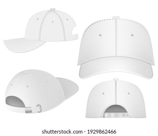 Design template, vector realistic white baseball cap front, back and side view isolated on background. Realistic back front and side view. Vector baseball cap front and side view.