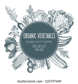 Design template for vegetables market. Menu label with organic food. Fresh vegetables hand-drawn. Vector illustration