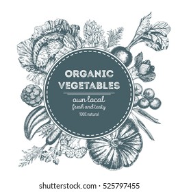 Design template for vegetables market. Menu label with organic food. Fresh vegetables hand-drawn. Vector illustration