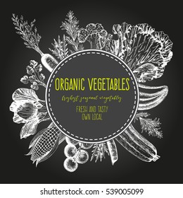 Design template for vegetables market. Menu label with organic food.  Vector illustration, hand drawing.