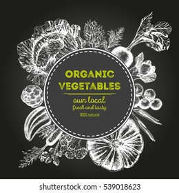 Design template for vegetables market. Menu label with organic food.  Vector illustration, hand drawing.