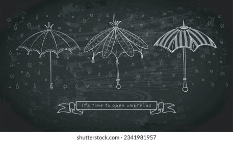 Design template with vintage doodle umbrellas on blackboard background with place for your text. Vector sketch illustration