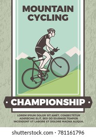 Design template of vintage poster for bicycle club. Mountain bicycle sport poster, bike championship, vector illustration