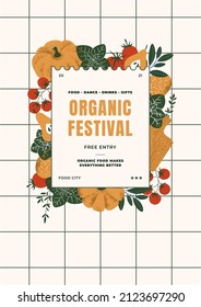 Design template with vintage textured vegetables. Organic festival poster. Vector illustration.