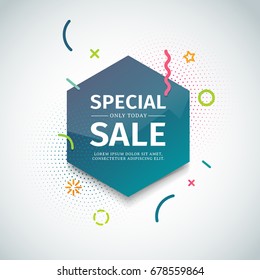 Design template web banner with geometric shape and particle. Hexagon figure with abstract decoration element for sale and advertising poster. Vector.