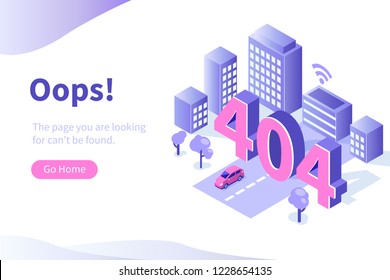 Design template for web page with 404 error. Can use for web banner, infographics, hero images. Flat isometric vector illustration isolated on white background.