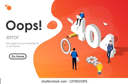 Design template for web page with 404 error. Can use for web banner, infographics, hero images. Flat isometric vector illustration isolated on gradient background.