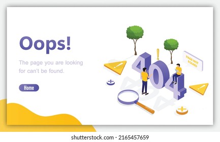 Design template for web page with 404 error. Isometric page. Not working error lost not found 404 sign problem landing vector design
