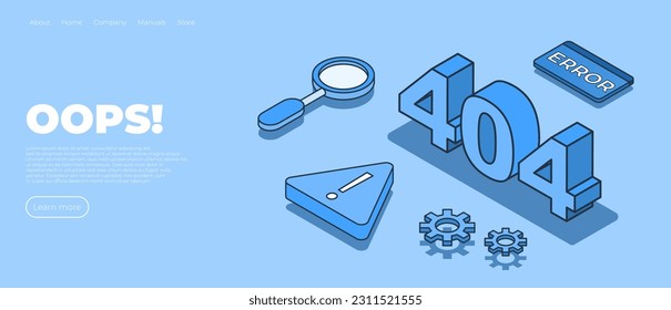 Design template for web page with 404 error. Web page error concept. Flat isometric vector illustration