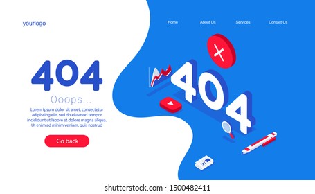 Design template for web page with error 404. Isometric numbers 404 with diagram, familiar errors and pen on a blue background.