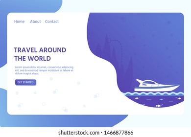 Design template for webpage with sea, ocean and nautical vehicles: sail boat, ship, vessel. Creative flyer for beach summer holiday travel. Vector illustration.