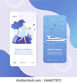 Design template for webpage with sea, ocean and nautical vehicles: sail boat, ship, vessel. Creative flyer for beach summer holiday travel. Vector illustration.