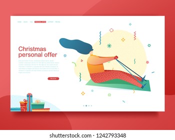 Design template website for Merry Christmas time. Layout web page for new year offer and winter season. Trendy flat girl character sledding.  Modern happy holiday vector illustration concepts people