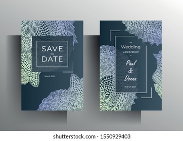 Design template wedding invitation card set. Hand-drawn laced elements on a blue background. Vector 10 EPS.