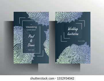 Design template wedding invitation card set. Hand-drawn laced elements on a blue background. Vector 10 EPS.