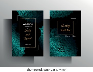 Design template wedding invitation card set. Hand drawn textured turquoise graphic elements and gold letters on a black background. Vector 10 EPS.