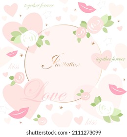 Design template of wedding invitation. Gold round frame, stars, pink hearts, white and pink roses, words and lips on a white background. Vector wedding background.