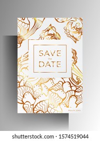 Design template wedding invitation. Golden hand drawn floral elements on a white pastel background. EPS 10 vector.