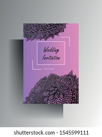 Design template wedding invitation. Hand drawn textural graphic elements on a pink background. Vector 10 EPS.