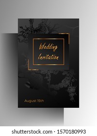 Design template wedding invitation. Hand painted floral texture elements with golden frames on a black background. Vector 10 EPS.