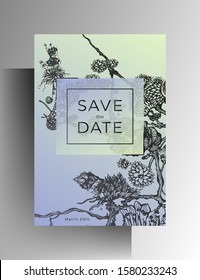 Design template wedding invitation. Hand drawn floral elements on a light blue background. Vector 10 EPS.