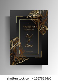 Design template wedding invitation. Hand-drawn golden floral elements on a black background. Vector 10 EPS.