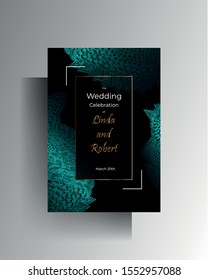 Design template wedding invitation. Manually drawn turquoise graphic elements and gold letters on a black background. Vector 10 EPS.