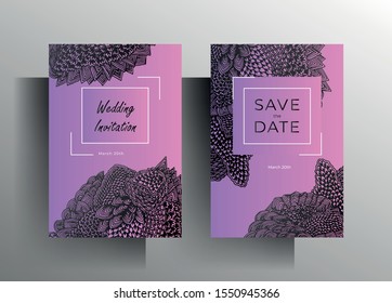 Design template wedding invitation set. Original texture elements on a pink background are hand-drawn. Vector 10 EPS.