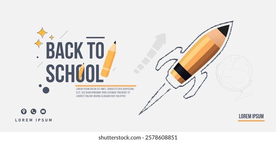 Design template to welcome back to school with a white background and stationery ornaments, rockets and abstract ornaments. Return to studying in the classroom