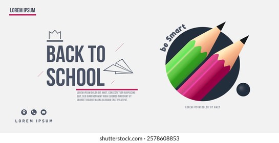 Design template to welcome back to school with a white background and stationery ornaments and abstract ornaments. Return to studying in the classroom