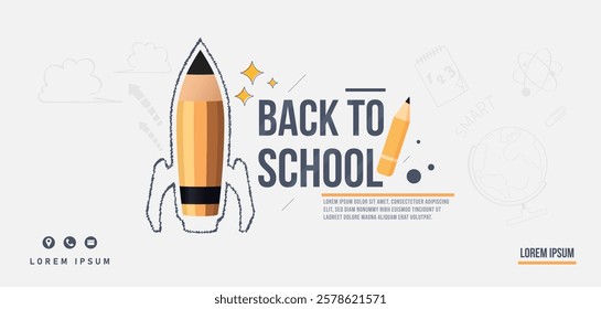 Design template to welcome back to school with a white background and stationery ornaments, rockets and abstract ornaments. Return to studying in the classroom