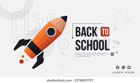 Design template for welcoming back to school with a white background and a pencil rocket ornament as a symbol, also an abstract ornament. Back to studying in class