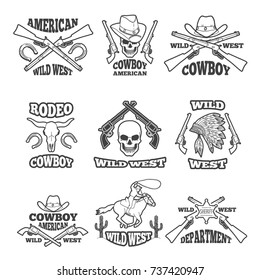 Design template of wild west badges. Western theme of labels with place for your text. Wild west emblem, western cowboy and revolver label. Vector illustration
