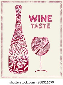 Design template for a wine menu with wineglass and bottle in the style of zentangle. Hand-drawn. Isolated. Vector.