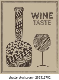Design template for a wine menu with wineglass and bottle in the style of zentangle. Hand-drawn. Isolated. Vector.