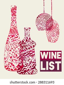 Design template for a wine menu with wineglasses and bottles in the style of zentangle. Hand-drawn. Isolated. Vector.