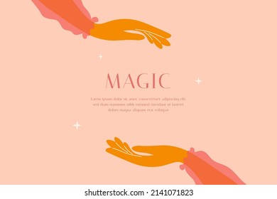 Design template with woman hands, text space and stars. Magic, miracle, mystery concept. Female in pink blouse carefully holding phrase. Isolated banner, celestial poster, isolated vector illustration