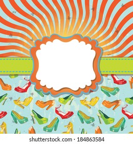 Design template with women's summer shoes on high heels in retro style. Orange and blue  spiral. Optical illusion.