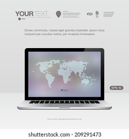 Design template with world map on a realistic laptop screen  Eps 10 stock vector illustration 