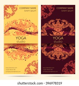 Design template for yoga studio with mandala ornament background. Design concept for brochure, card, invitation, flyer, banner. Colorful vector illustration